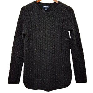 Lands End Womens Black Cable-Knit Fisherman Tunic Sweater S Cotton Wool Blend